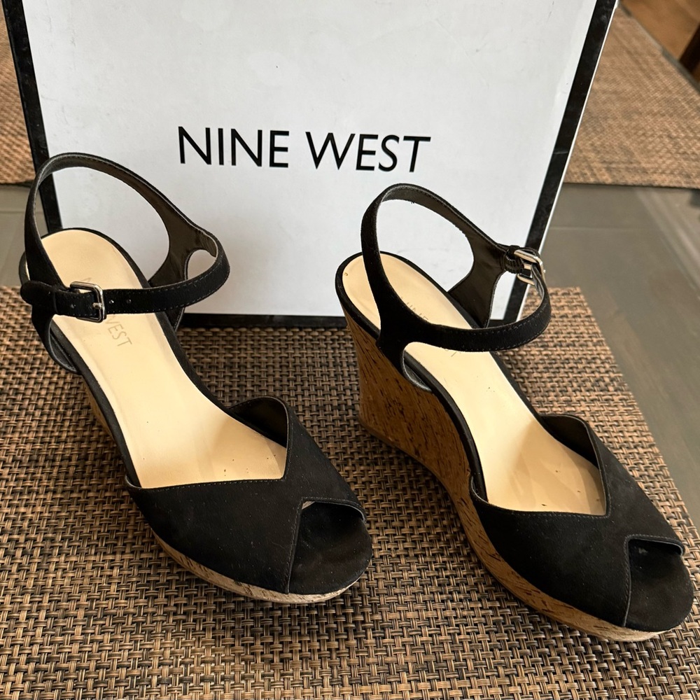 Nine West Black Suede Peep-Toe Wedge Sandals with Cork Platform